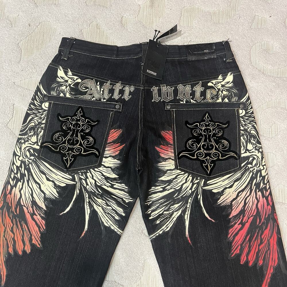 NEW DS Y2K Raw Blue ATTRIBUTE Wings Denim Jeans Rare Grunge Baggy 38x34 (39x31)